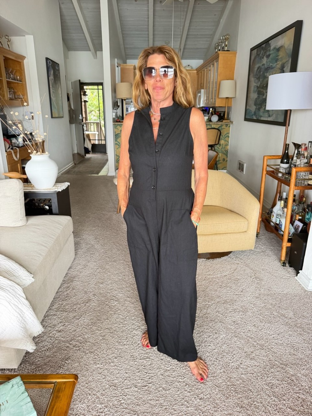 Modesees Sleeveless Linen Black Button-Front Jumpsuit